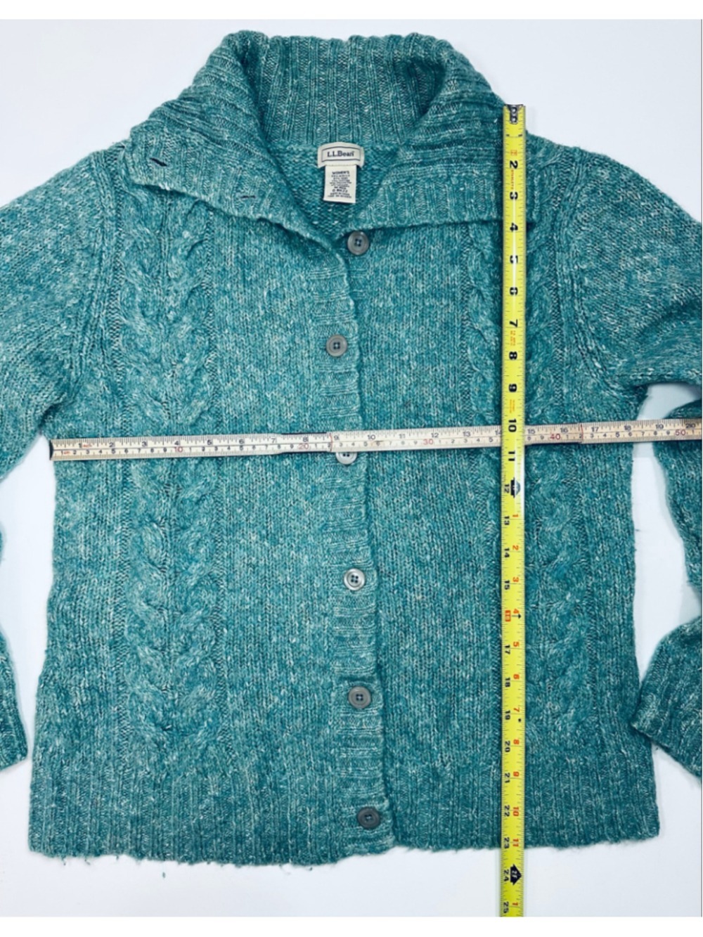 L.L.Bean Teal Cable Knit Button Shawl Collar Cardigan Sweater Women’s Medium - Picture 3 of 11